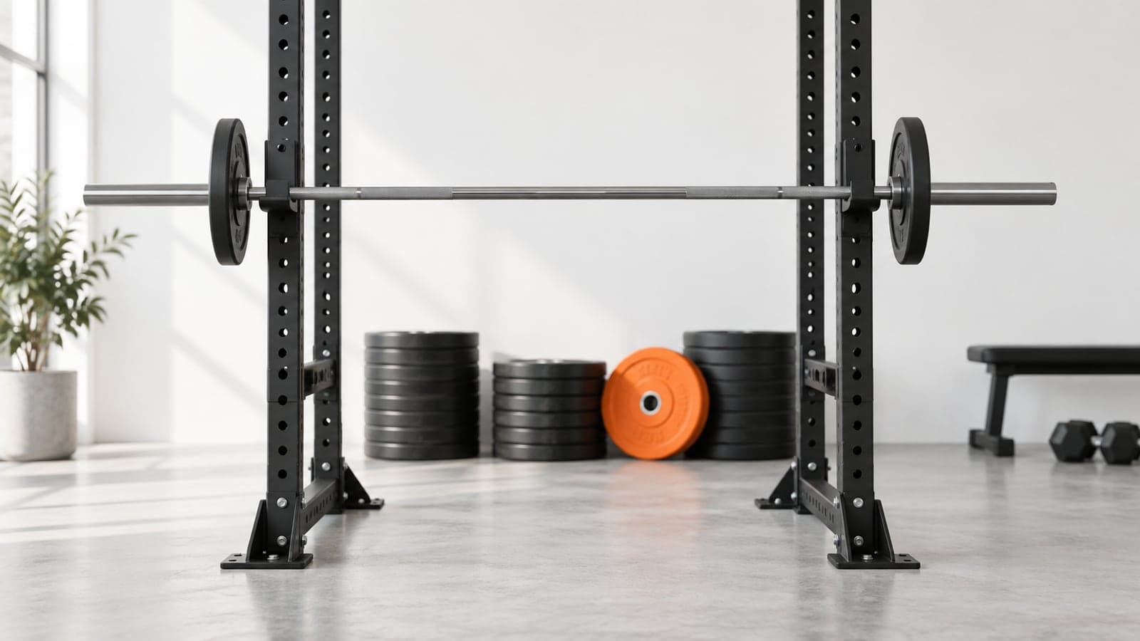 Barbell in a squat rack loaded with a single small orange plate on each side