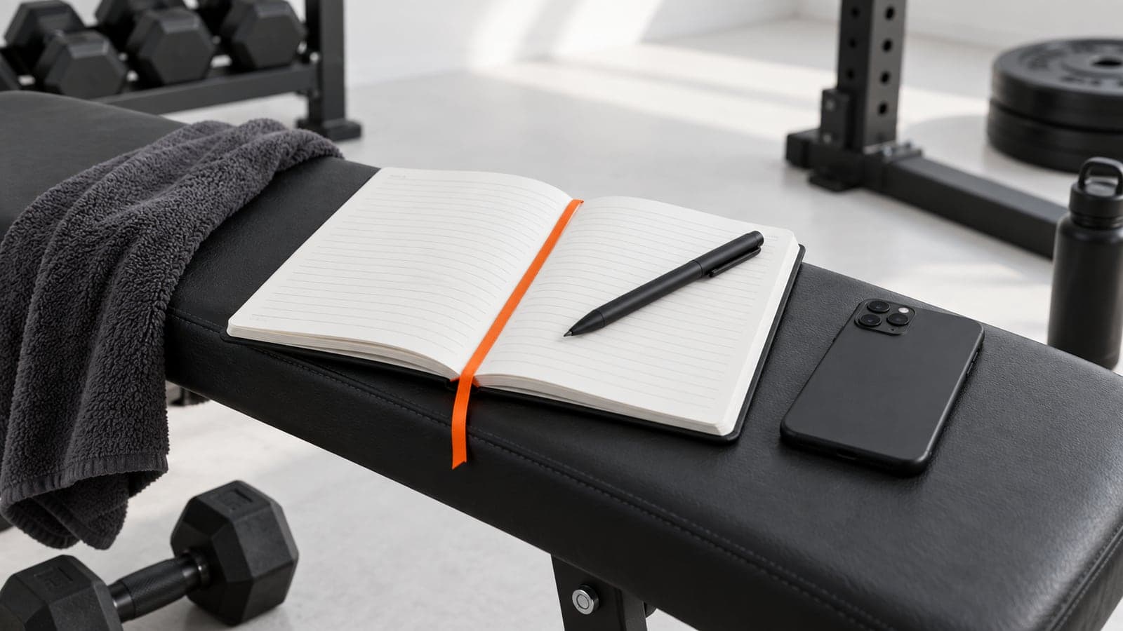 Open training notebook and a pen beside a matte black kettlebell on a light bench, orange pen cap