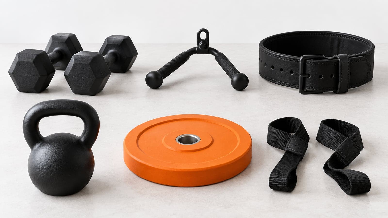 Two matte black barbells racked side by side on a power rack with an orange collar on one
