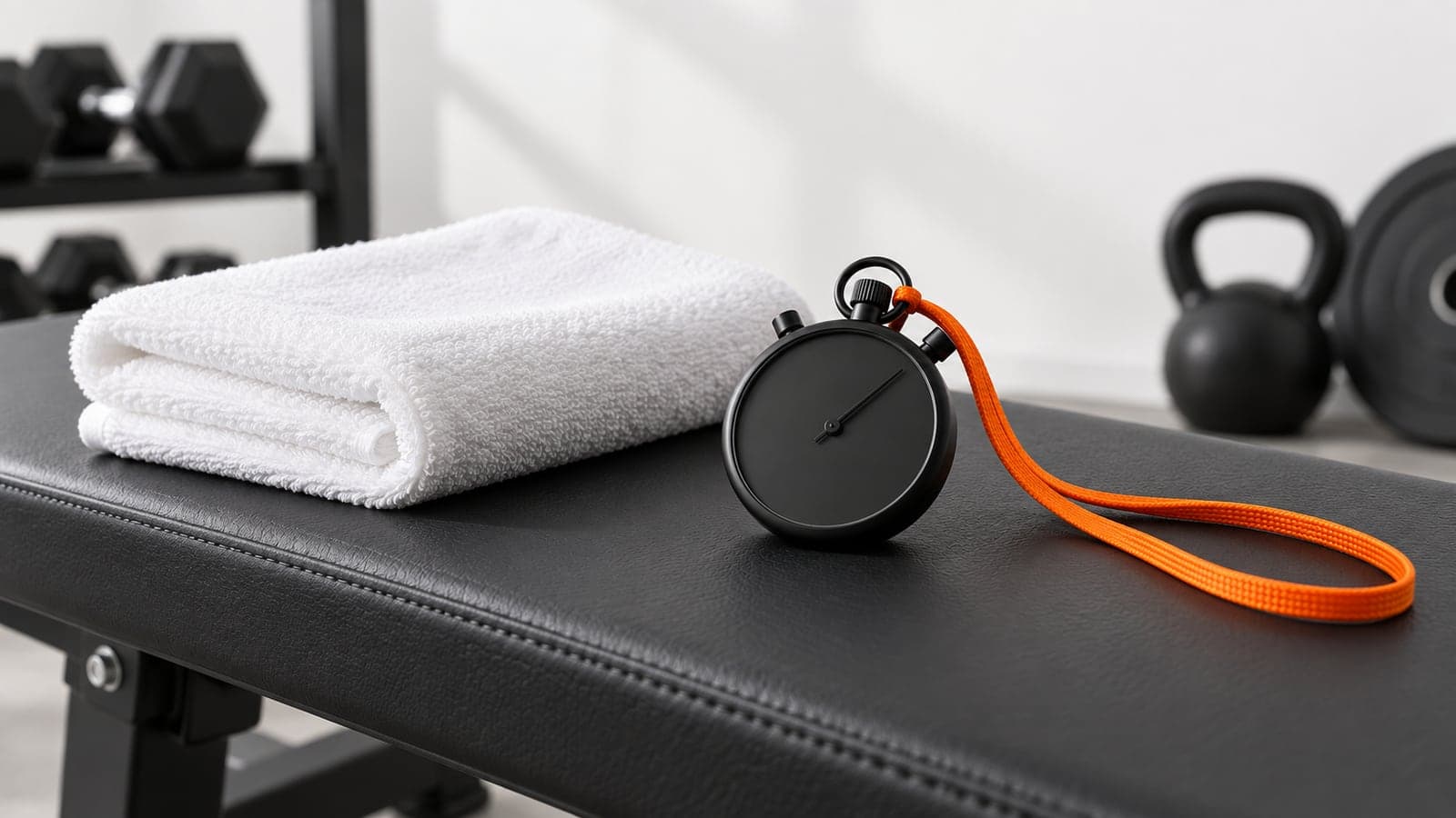 Matte black barbell on the floor next to a stopwatch with an orange band