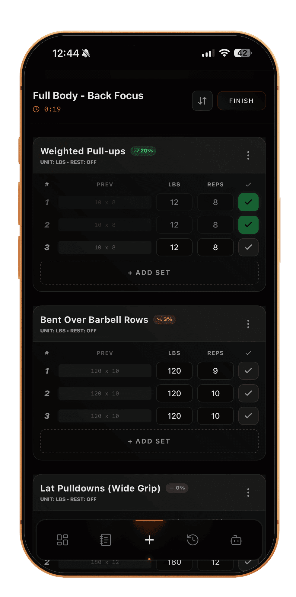 Ultra+ active workout screen with the previous and best set shown for each set