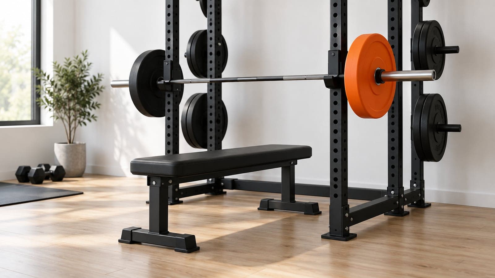 A home gym with a squat rack, a flat bench and a loaded barbell