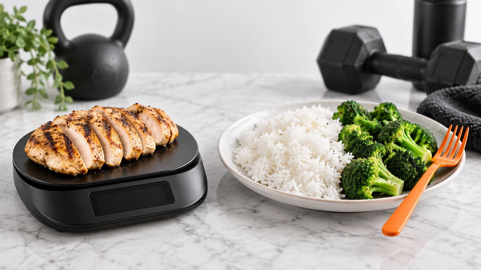 A loaded barbell on a lifting platform next to a meal of rice, chicken and vegetables in a glass container