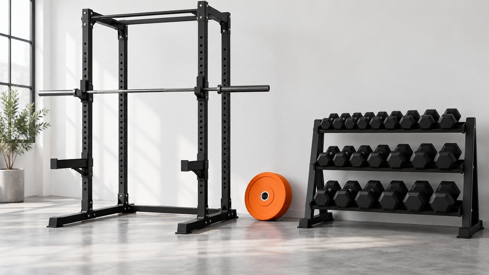 Two matte black barbells on a light studio floor, one loaded with orange-rimmed plates and one with black plates