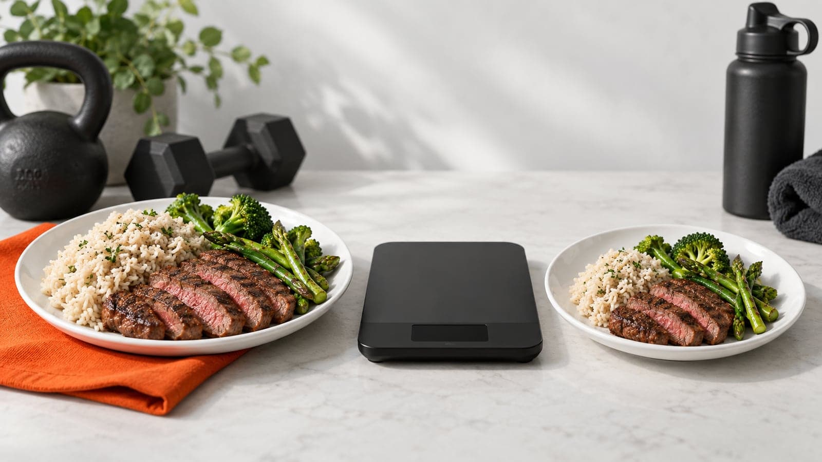A tape measure and a bodyweight scale beside a matte black kettlebell on a white studio backdrop