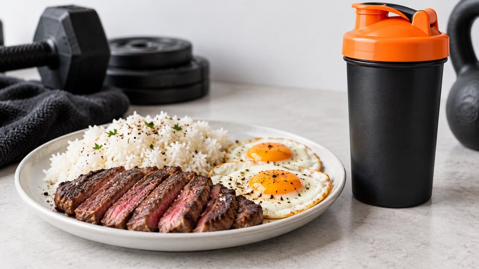 A plate of rice, salmon and vegetables next to a matte black dumbbell on a plain white backdrop
