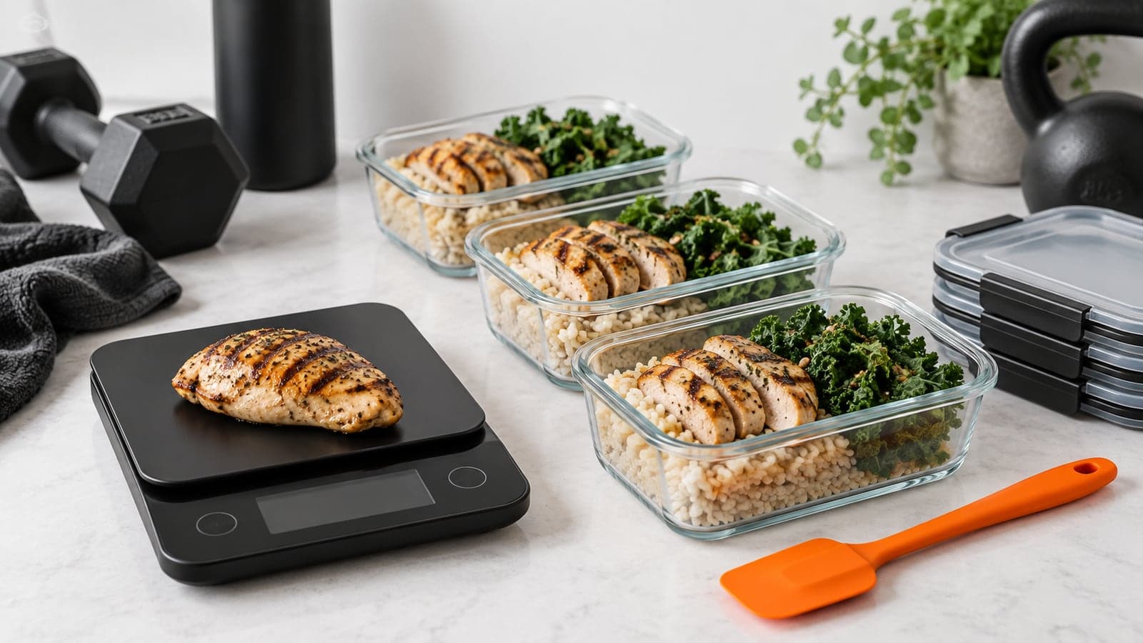 A kitchen scale with a bowl of oats and a bodyweight scale beside it on a light grey surface