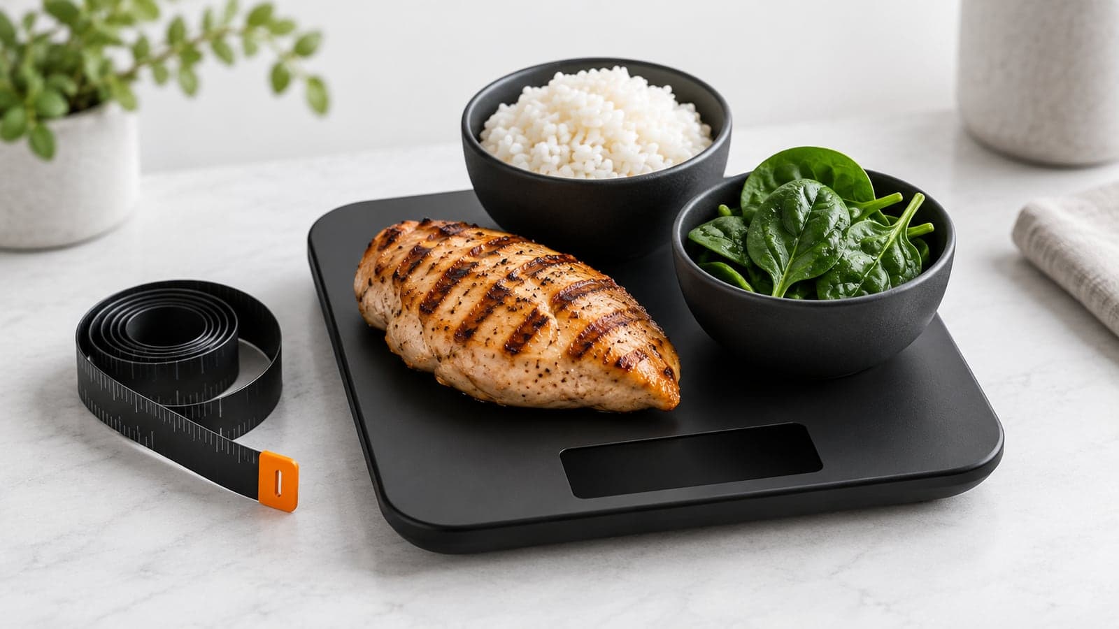 Running shoes, a sleep tracker band and a food scale arranged on a light grey surface with an orange water bottle
