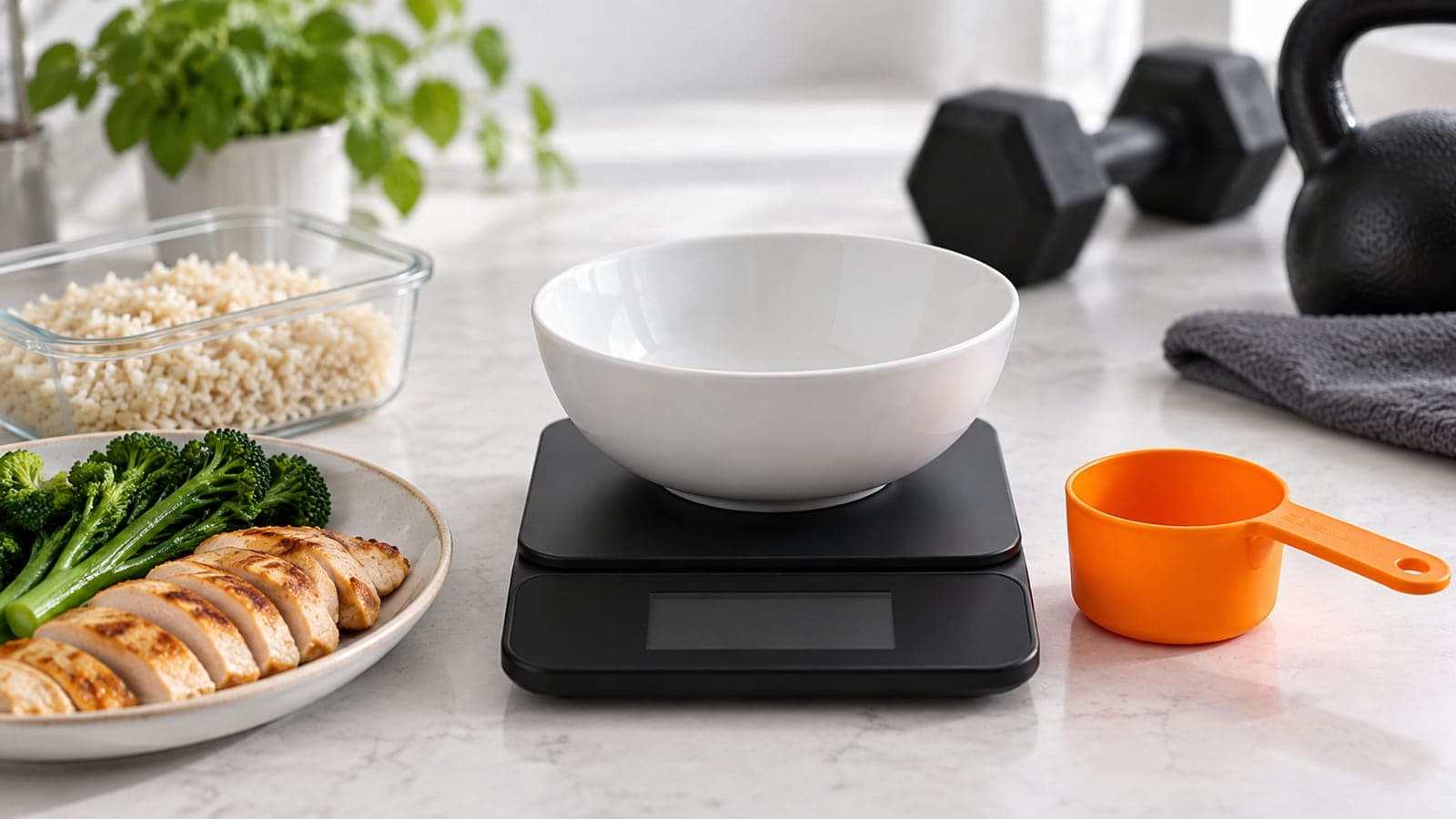 A calculator, a food scale and a small notebook with a weekly bodyweight chart on a white desk