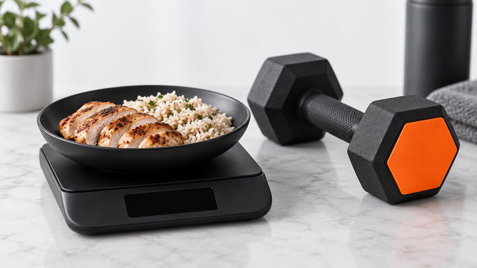 A matte black barbell plate leaning against a white wall next to a bowl of oats and a glass of water