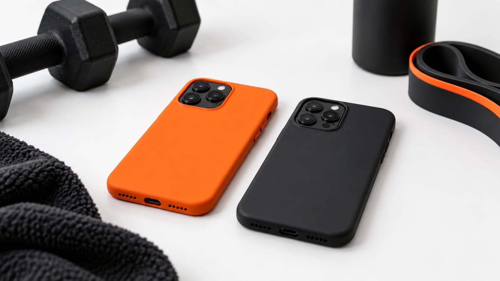 Two phones side by side on a white bench next to dumbbells and a resistance band