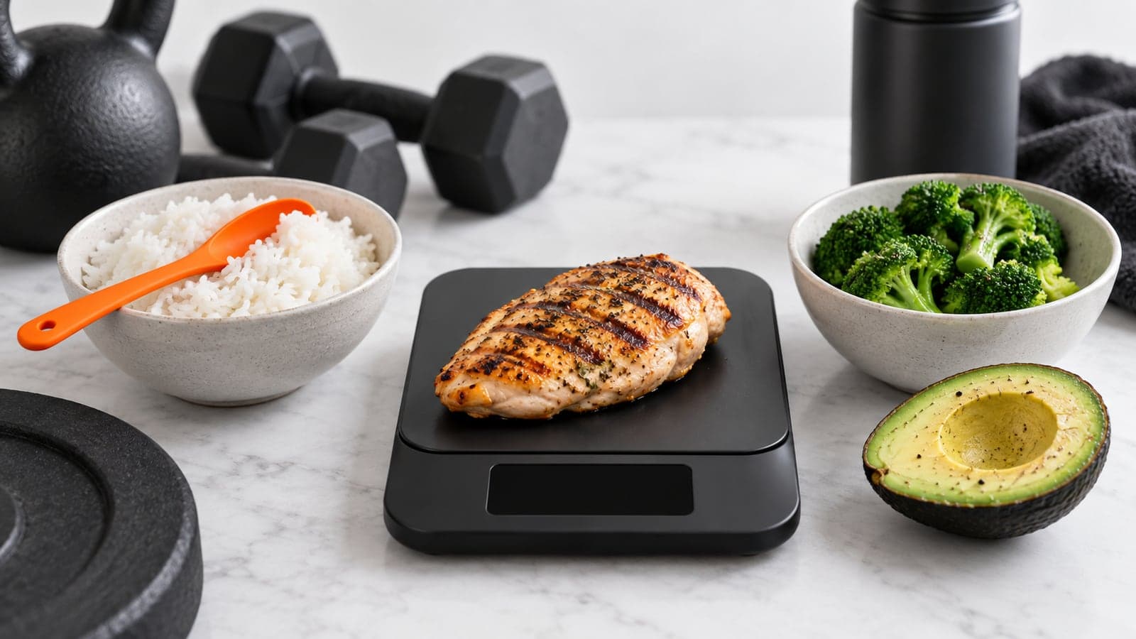 A chicken breast on a kitchen scale with rice, broccoli and avocado