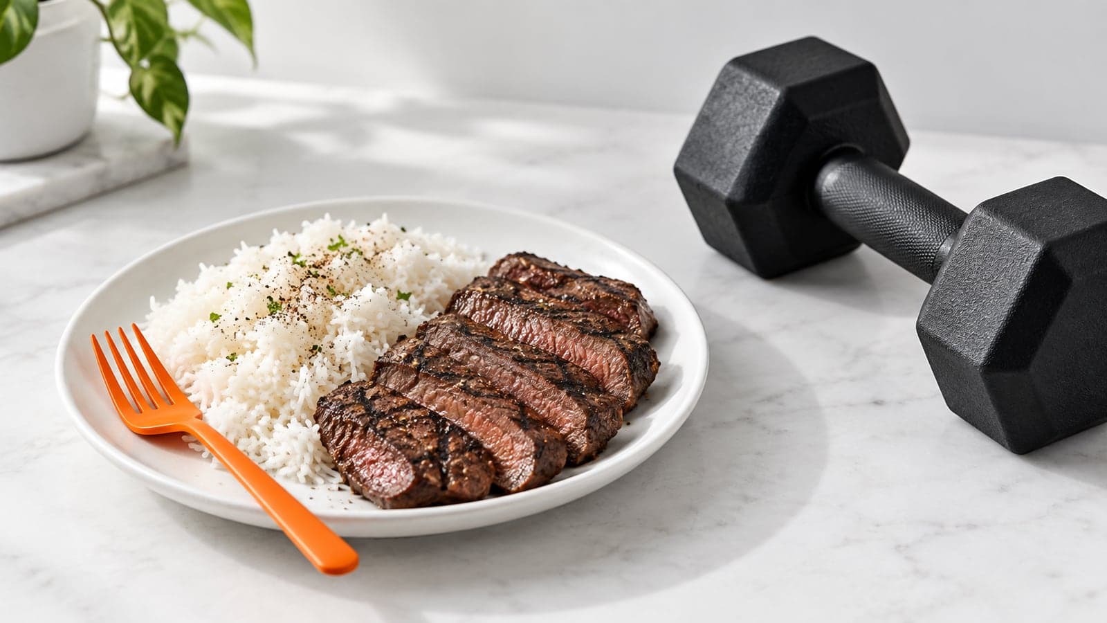 A plate of sliced steak and white rice next to a dumbbell