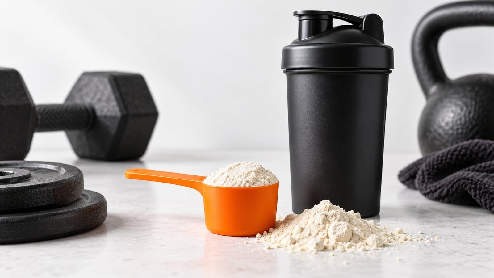 A scoop of protein powder beside a shaker bottle and dumbbells